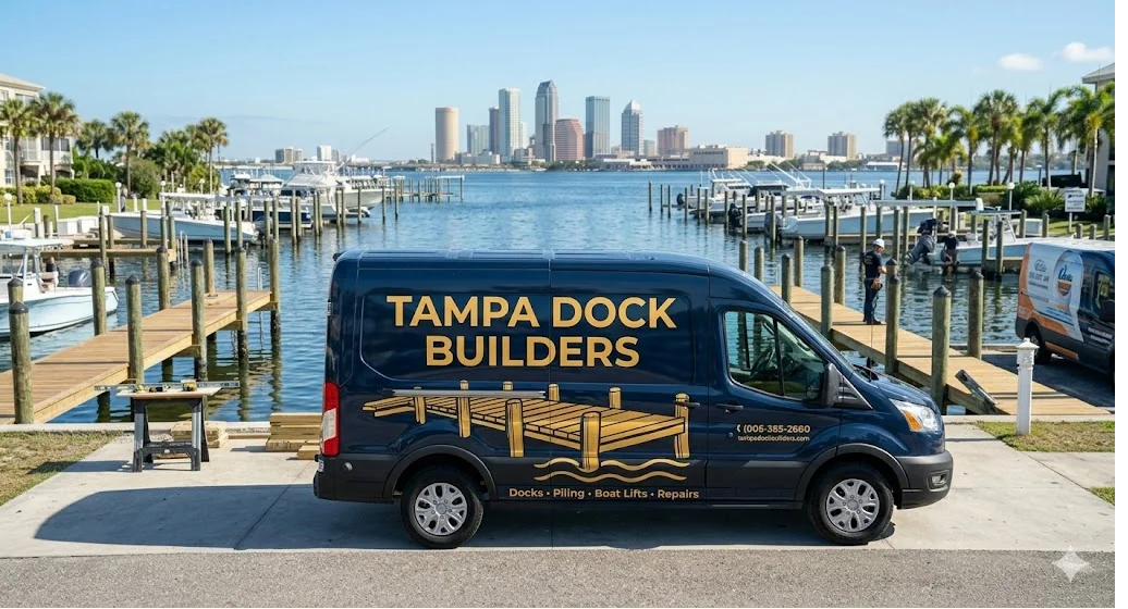 Tampa Dock Builders service van at a waterfront