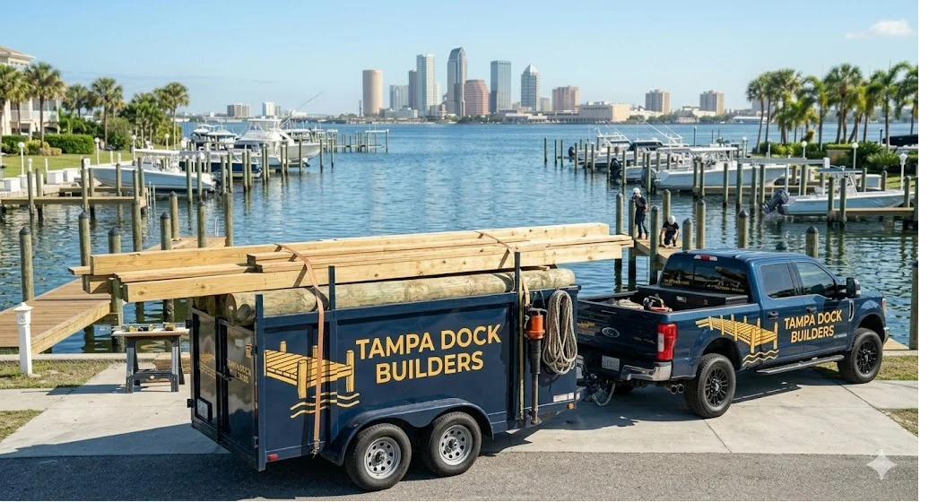 Tampa Dock Builders truck and trailer on Tampa Bay
