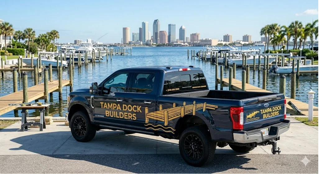 Tampa Dock Builders work truck loaded with marine lumber