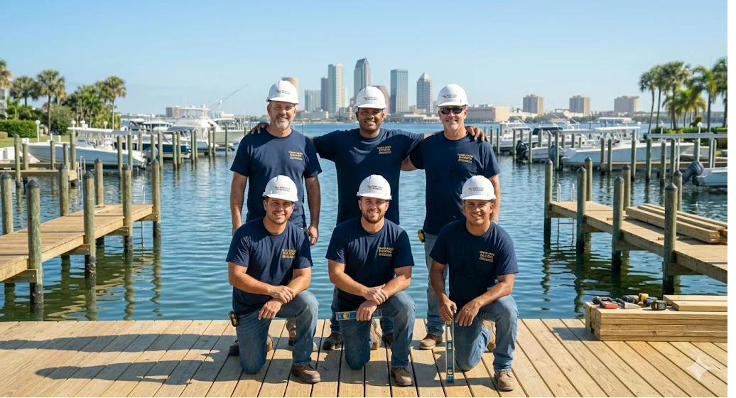 Tampa Dock Builders crew on a finished waterfront dock with Tampa skyline